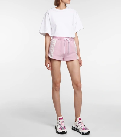 Shop Versace Greca Cotton-blend Shorts In White