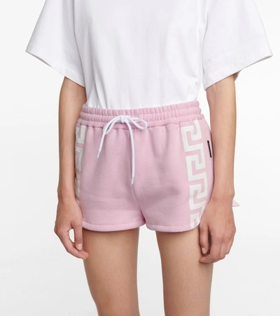 Shop Versace Greca Cotton-blend Shorts In White