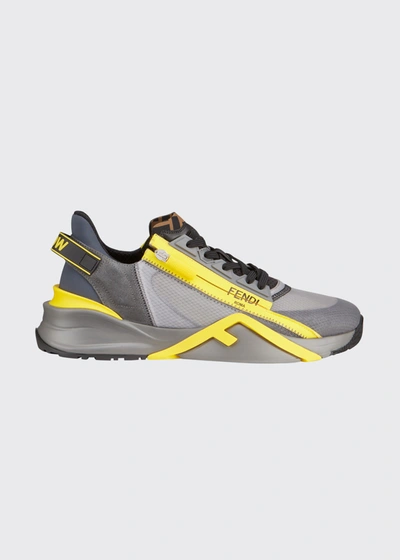 Shop Fendi Men's M Zip Mix-media Runner Sneakers In Greygreyblack