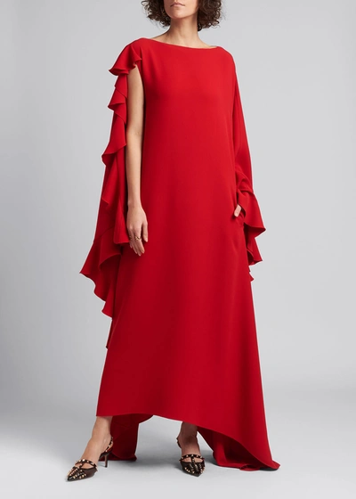 Shop Valentino Asymmetrical-sleeve Gown W/ Ruffle Detail In Red