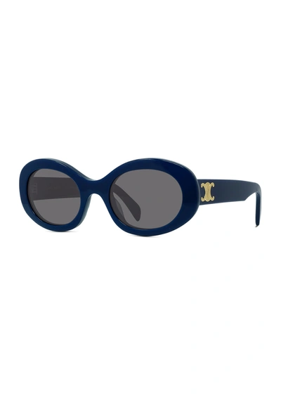 Shop Celine Triomphe Logo Oval Acetate Sunglasses In 01a Black Smoke