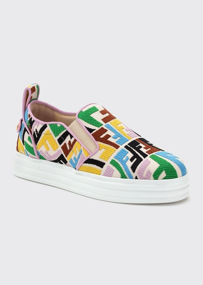 Shop Fendi Multicolored Ff Embroidered Slip-on Sneakers In Rough Multicolor