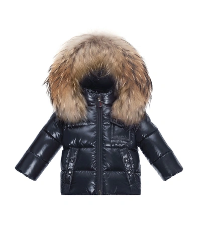 Shop Moncler Girl's Fur Hooded Quilted Jacket In 742 Navy