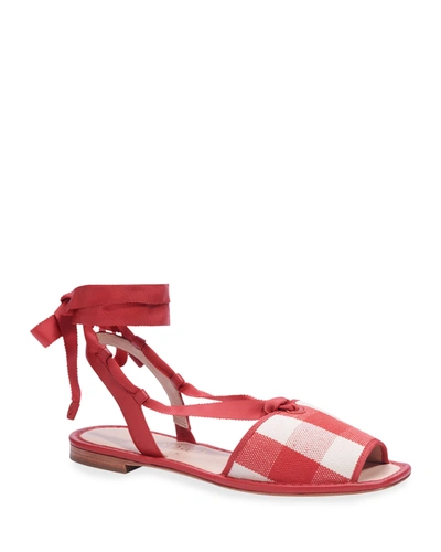 Shop Kate Spade Maggie Gingham Ankle-wrap Flat Sandals In Gingham Lava Fall