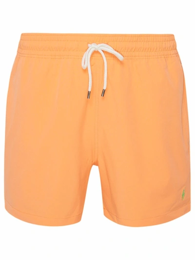 Shop Polo Ralph Lauren Logo Embroidered Swim Trunks In Orange
