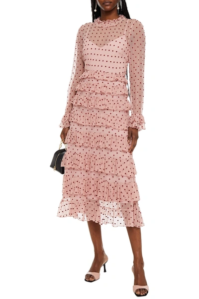 Shop Zimmermann Wavelength Tiered Swiss-dot Silk-georgette Midi Dress In Blush