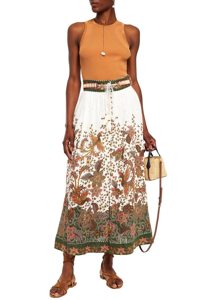 Shop Zimmermann Empire Belted Floral-print Cotton-gauze Midi Skirt In Off-white