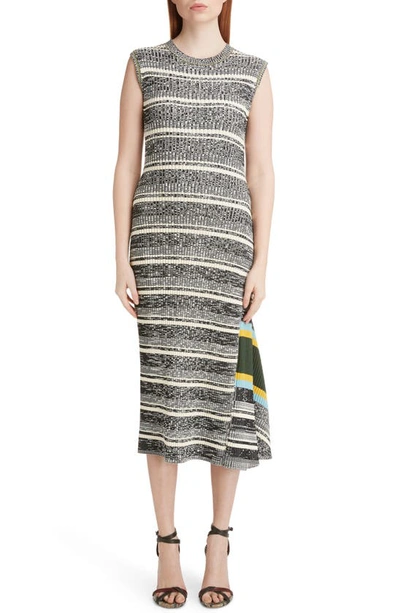 Shop Victoria Beckham Stripe Asymmetrical Sweater Dress In Black - White Multi