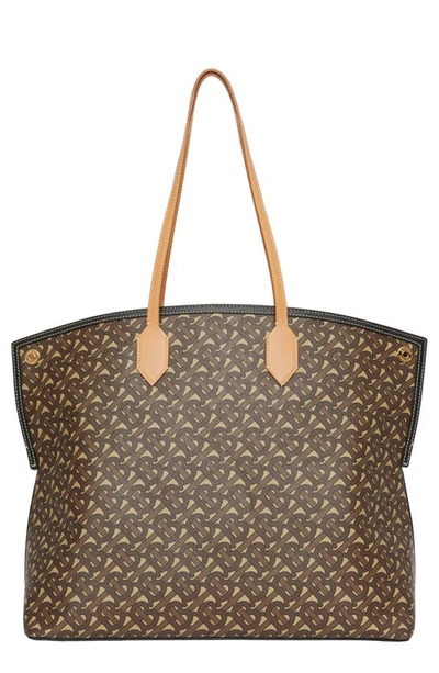Shop Burberry Large Society Monogram E-canvas Tote In Bridle Brown