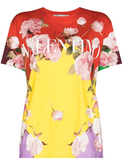 Shop Valentino Flying Flowers Print T-shirt In Red ,yellow