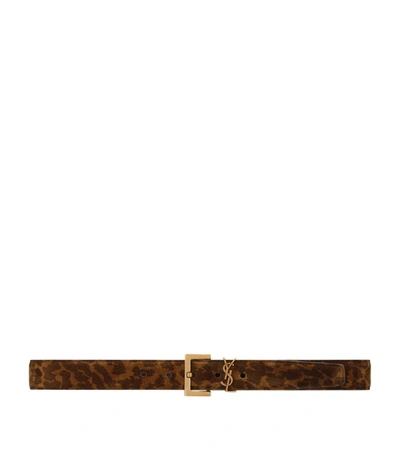 Shop Saint Laurent Leopard Print Logo Belt In Brown