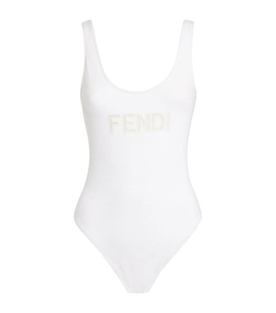 Shop Fendi Logo Swimsuit In White