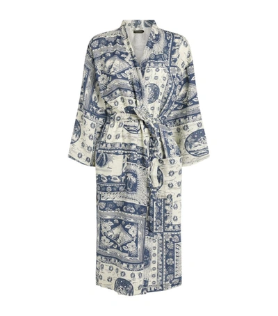 Shop Desmond & Dempsey Linen Lamba Print Kimono Robe In Navy