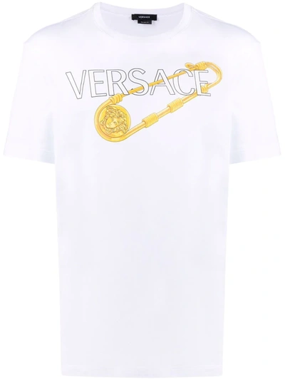 Shop Versace Safety Pin Logo-print T-shirt In White