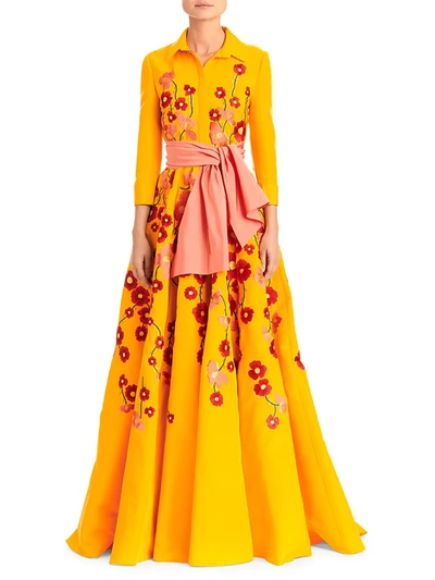 Shop Carolina Herrera Women's Embroidered Floral Silk Trench Gown In Goldenrod Multi