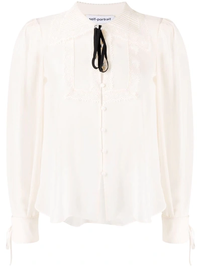 Shop Self-portrait Bib-collar Embroidered Blouse In Nude