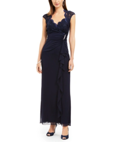 Connected Lace Column Gown In Navy