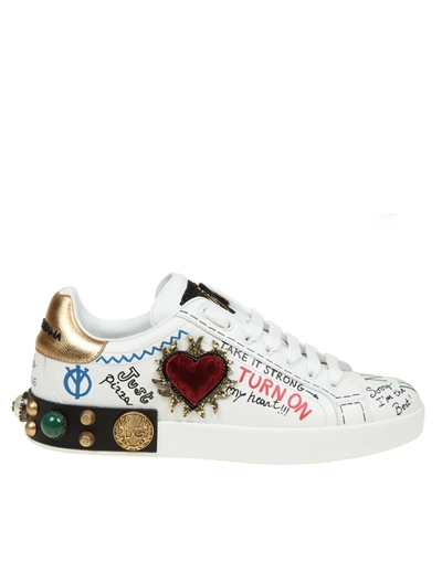 Shop Dolce & Gabbana Portofino Graffiti Sneakers In White / Gold