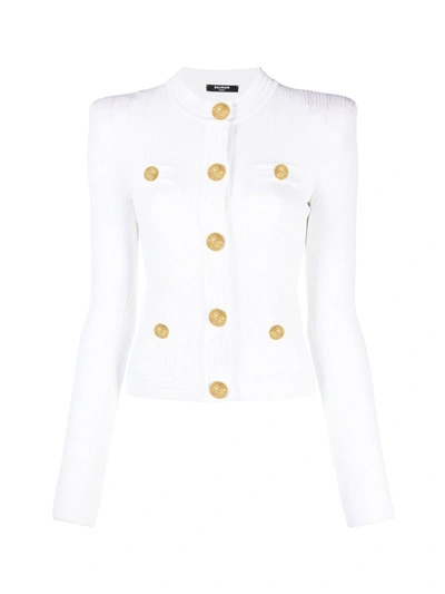 Shop Balmain Short Buttoned Knit Cardigan In Fa Blanc