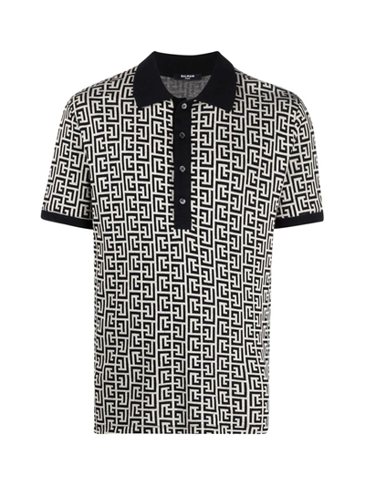 Shop Balmain Monogram Jersey Polo Shirt In Gfe Ivorie Noir