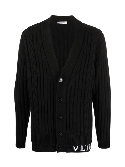 Shop Valentino Intersia-knit Logo Cardigan In Na Black Ivory