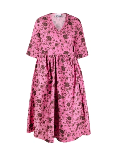 Shop Ganni Printed Cotton Dress In Shocking Pink