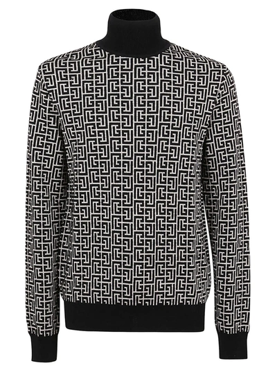 Shop Balmain High Collar Monogram Wool Linen Pullover In Gfe Ivoire Noir