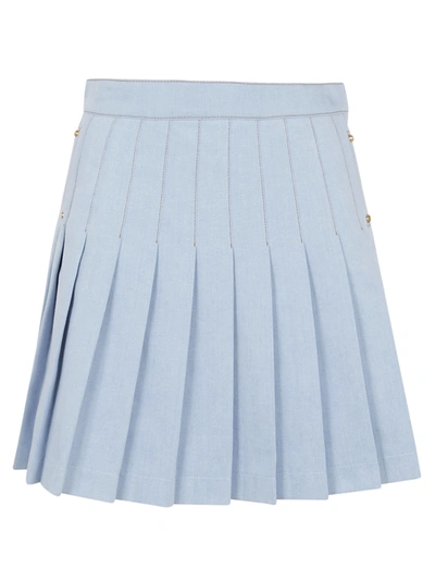 Shop Balmain Short Hw Pleated Denim Skirt In Fc Bleu Jean Clair