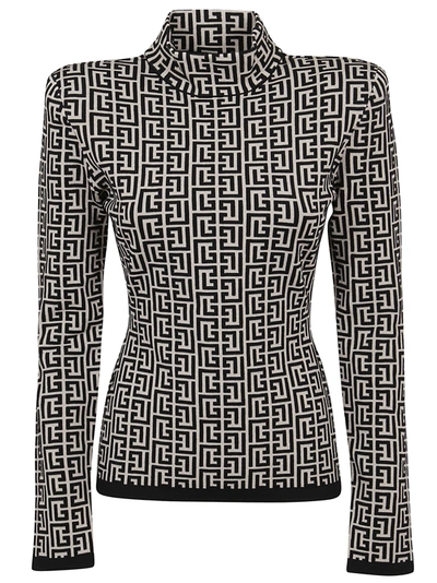 Shop Balmain Ls High-neck Monogram Jacquard Sweater In Gfe Ivoire   Noir