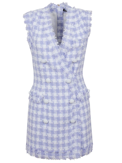 Shop Balmain Sleeveless 8 Btn Gingham Tweed Dress In Gfq Blanc Bleu P Le