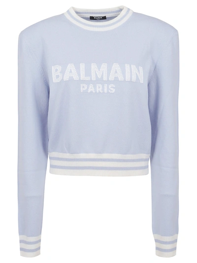 Shop Balmain Cropped Mesh Logo Sweater In Sdk Bleu Pale Blanc