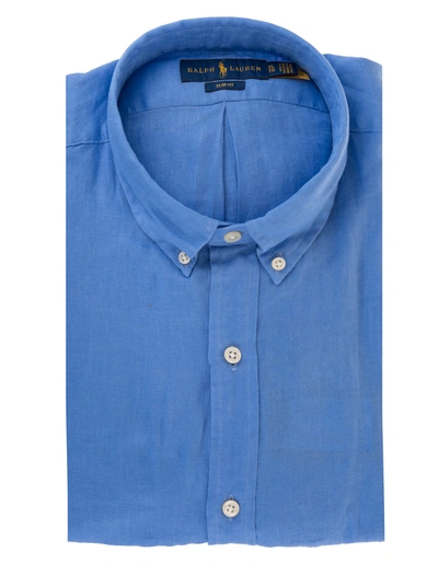 Shop Ralph Lauren Man Blue And Yellow Slim Fit Shirt In Linen In Harbor Island Blue
