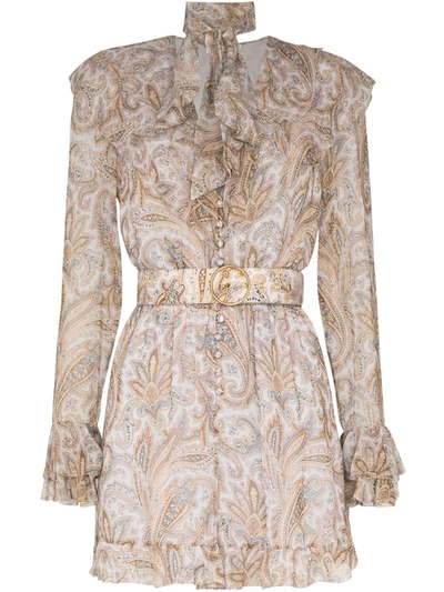 Shop Zimmermann Tie Neck Belted Paisley Playsuit In Nude