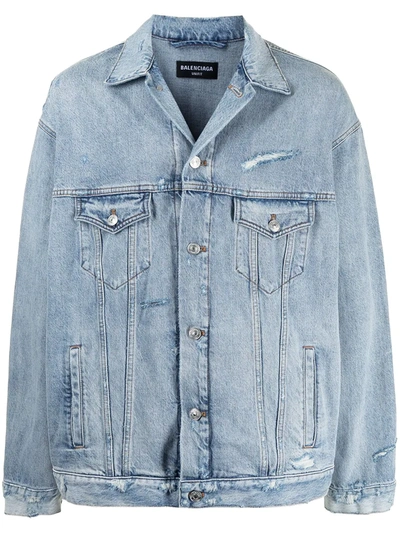 Shop Balenciaga Distressed-effect Denim Jacket In Blue