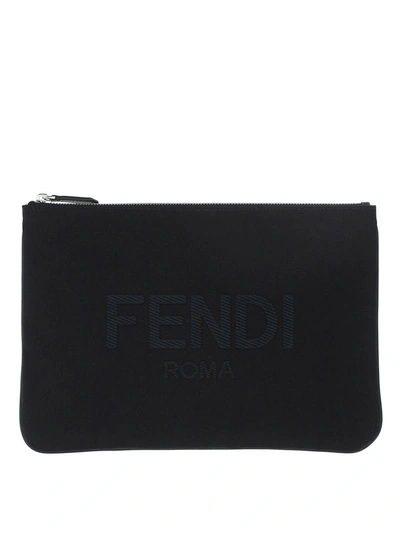 Shop Fendi Logo Print Canvas Pouch In Black