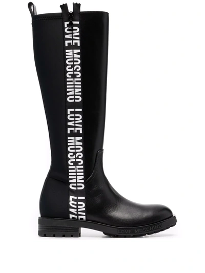 Love Moschino Leather Boots With Contrasting Logo Band In Schwarz | ModeSens