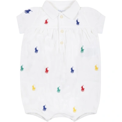 Shop Ralph Lauren White Romper For Baby Girl With Pony Logos