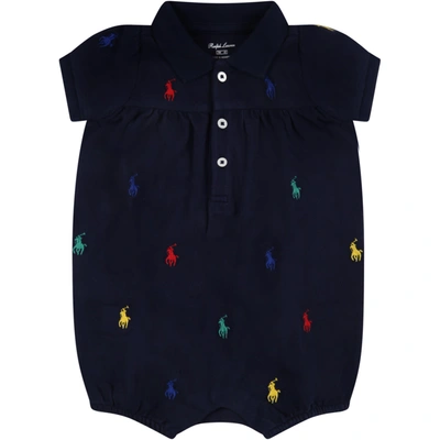 Shop Ralph Lauren Blue Romper For Baby Girl With Pony Logos