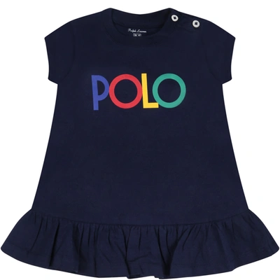 Shop Ralph Lauren Blue Dress For Baby Girl With Logo