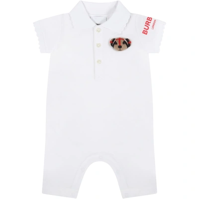 Shop Burberry White Romper For Baby Girl With Thomas Bear