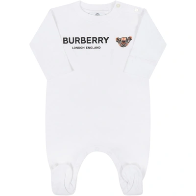 Shop Burberry White Jumpsuit For Babykids With Thomas Bear