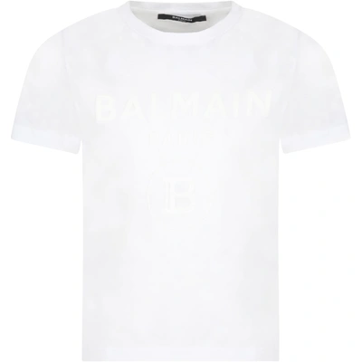 Shop Balmain White T-shirt For Kids With Blue Logo