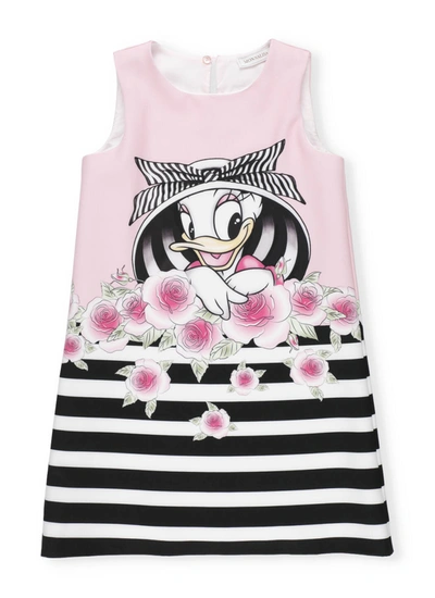 Shop Monnalisa Daisy Duck Dress In Bianco+nero