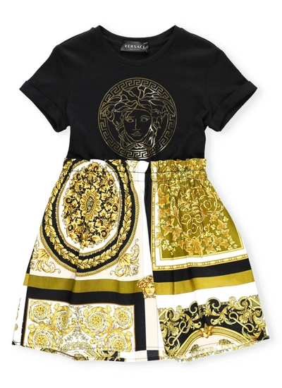 Shop Versace Cotton Dress In Nero+oro+bianco
