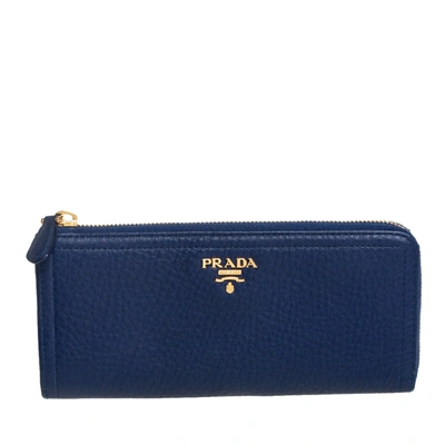 Pre-owned Prada Blue Vitello Daino Leather Zip Around Wallet
