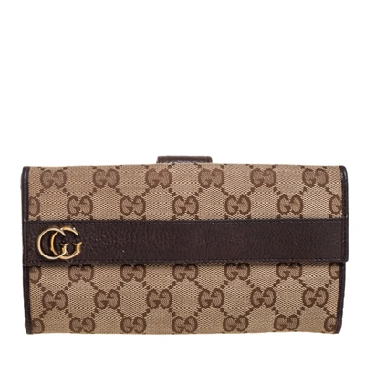 Pre-owned Gucci Brown/beige Gg Canvas And Leather Continental Wallet