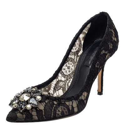 Pre-owned Dolce & Gabbana Black Mesh And Lace Crystal Embellished Bellucci Pumps Size 37.5