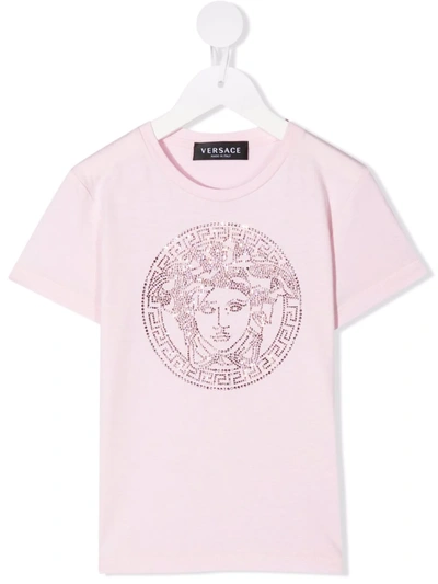 Shop Versace Rhinestone-medusa Cotton T-shirt In Pink