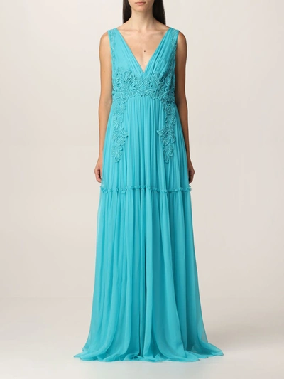 Shop Alberta Ferretti Long Dress In Chiffon With Embroidery In Gnawed Blue