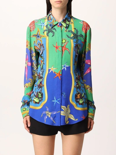 Shop Versace Shirt In Marine Patterned Silk In Gnawed Blue